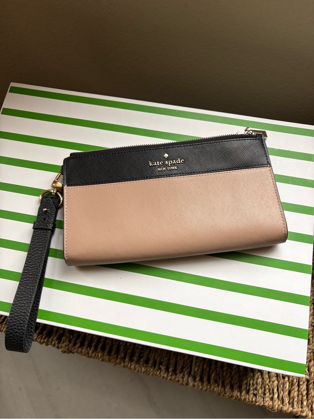 kate spade Two-Tone Black and Taupe Leather Wristlet